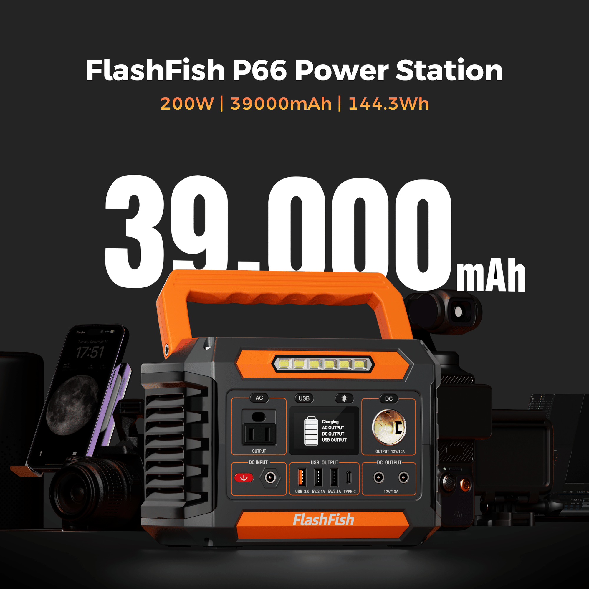 Flashfish P66A 200W Solar Generator, Portable Power Station Battery Pack with AC/USB/DC Output, 144.3Wh Capacity Comes with Multiple Adapters for Camping, Gift Home Emergency and Outdoor Travel