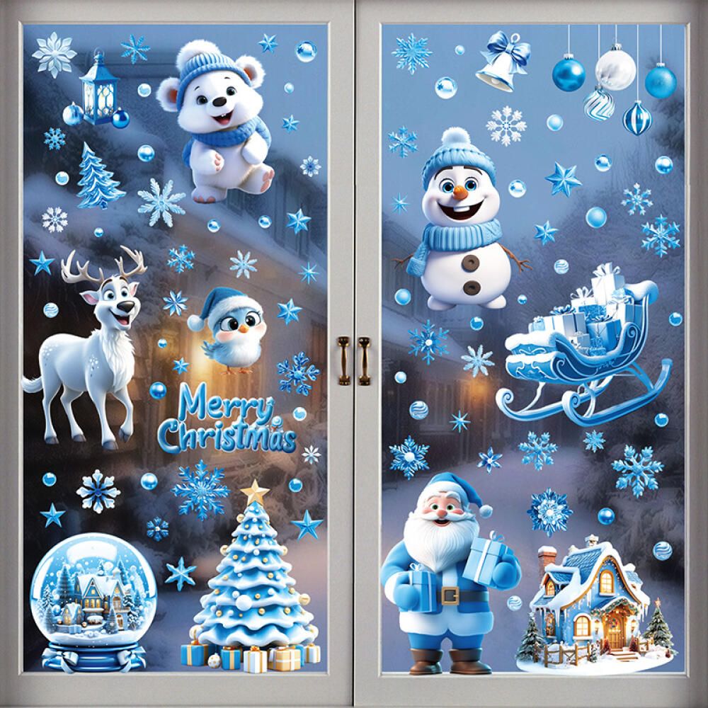 9 Sheets Christmas Window Clings Blue Theme Santa Claus Reindeer Snowman Snowflake Pattern Window Decal Reusable Double Sided Static Stickers for Holiday Winter Xmas Party Decoration