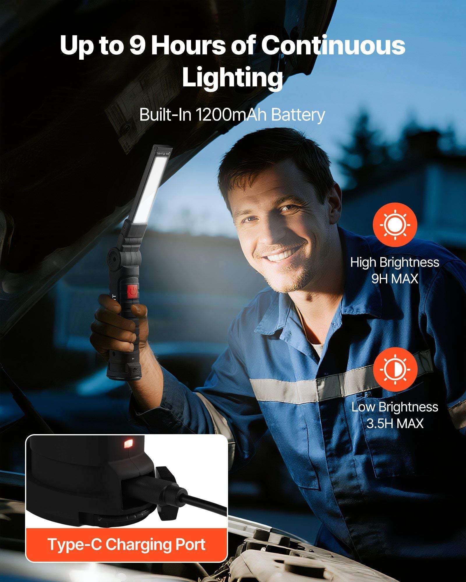 Rechargeable LED Work Light, 1200 mAh, Magnetic Mechanic Flashlight with Magnetic Base, 360° Rotation, 5 Lighting Modes, Foldable Grill Lamp for Mechanics, Car Repairs, Home, Emergency (2 Pack)