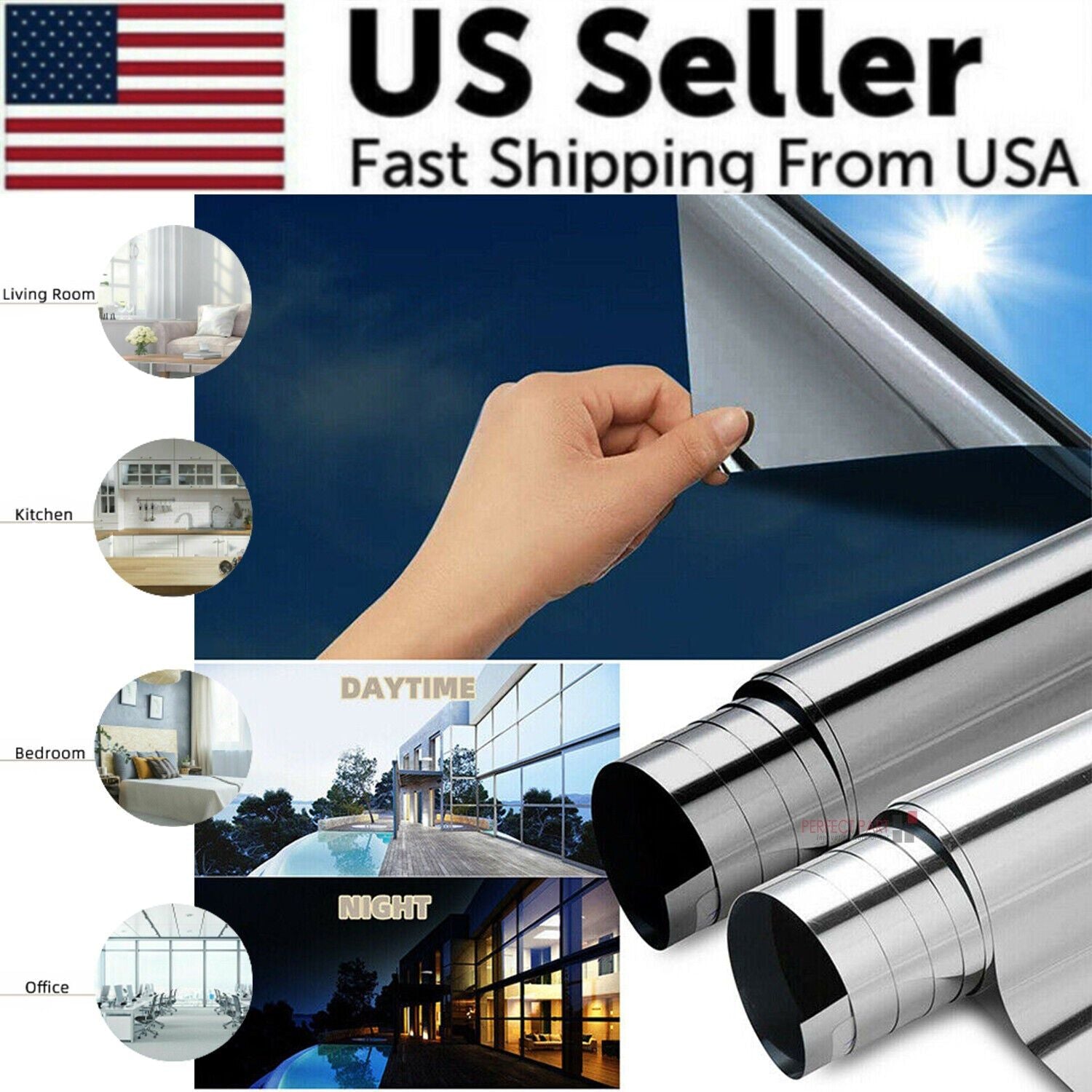 One Way Mirror Window Film Heat UV Reflective Privacy Tint Foil For Home Office