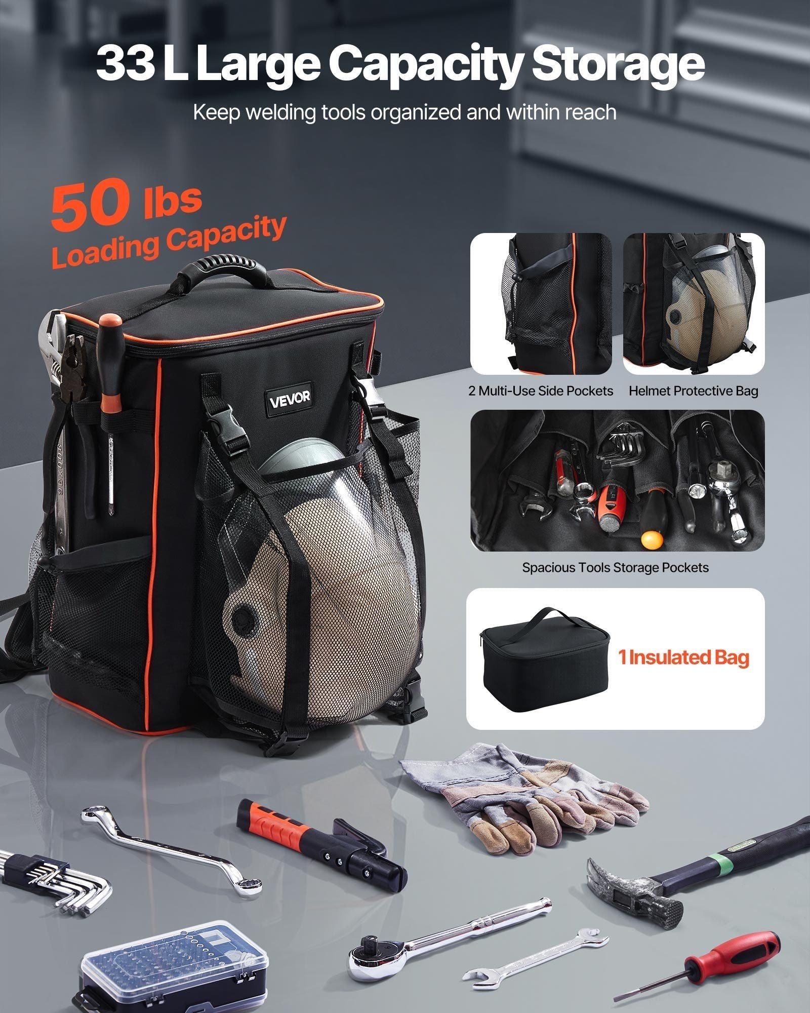 35.6L Welding Backpack 600D Polyester Welder Backpack for Tools and Helmet