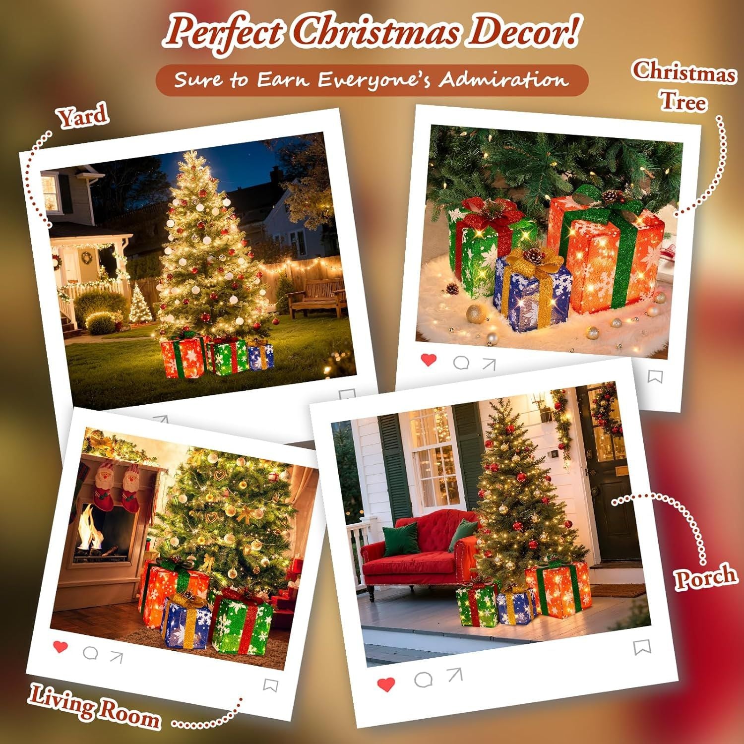 3 Pieces Large Gift Boxes for Christmas Decorations Outdoor, 10" 8" 6" with Pre-lit 70 LED Mini String Lights, Plug-in Warm White Present Boxes with Glitter for Christmas Wedding Party