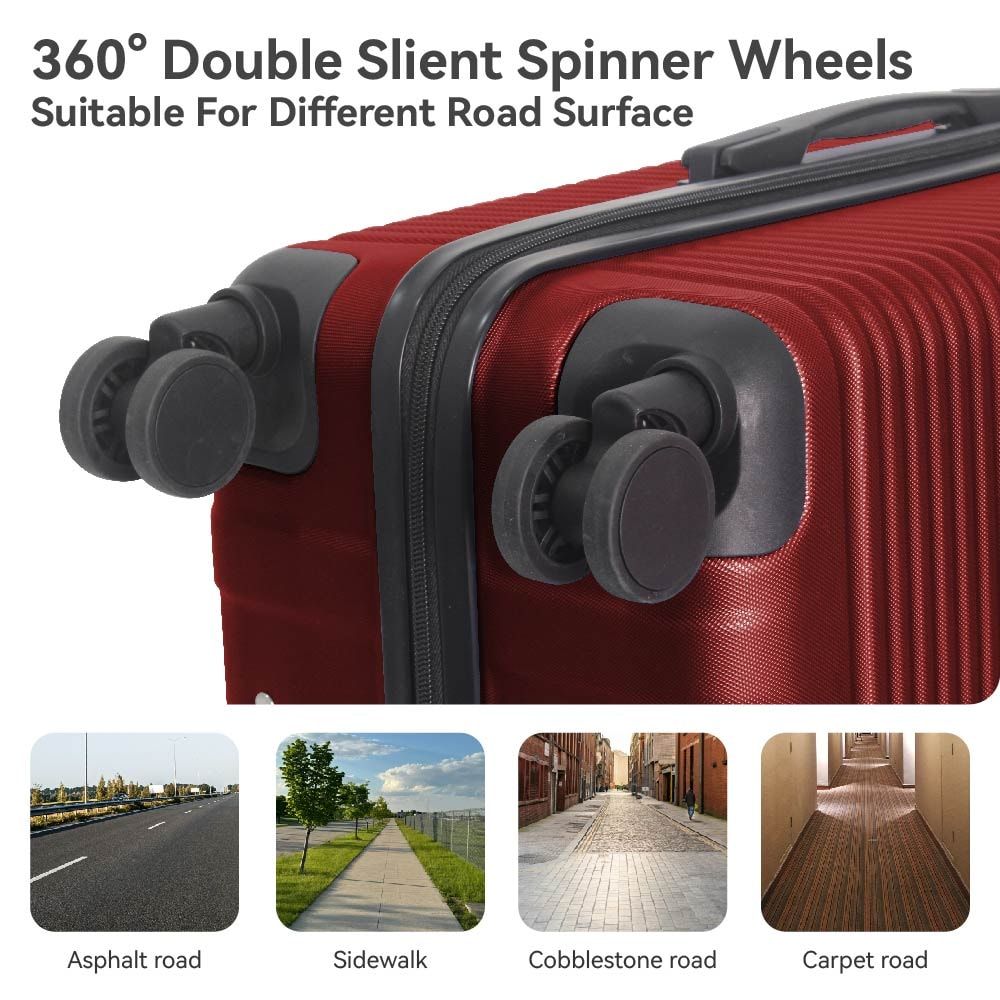 Luggage Sets ABS Hardshell 3pcs Luggage, Lightweight Durable Suitcase sets Spinner Wheels Suitcase with TSA Lock 20''24''28'' Available(WINE RED)