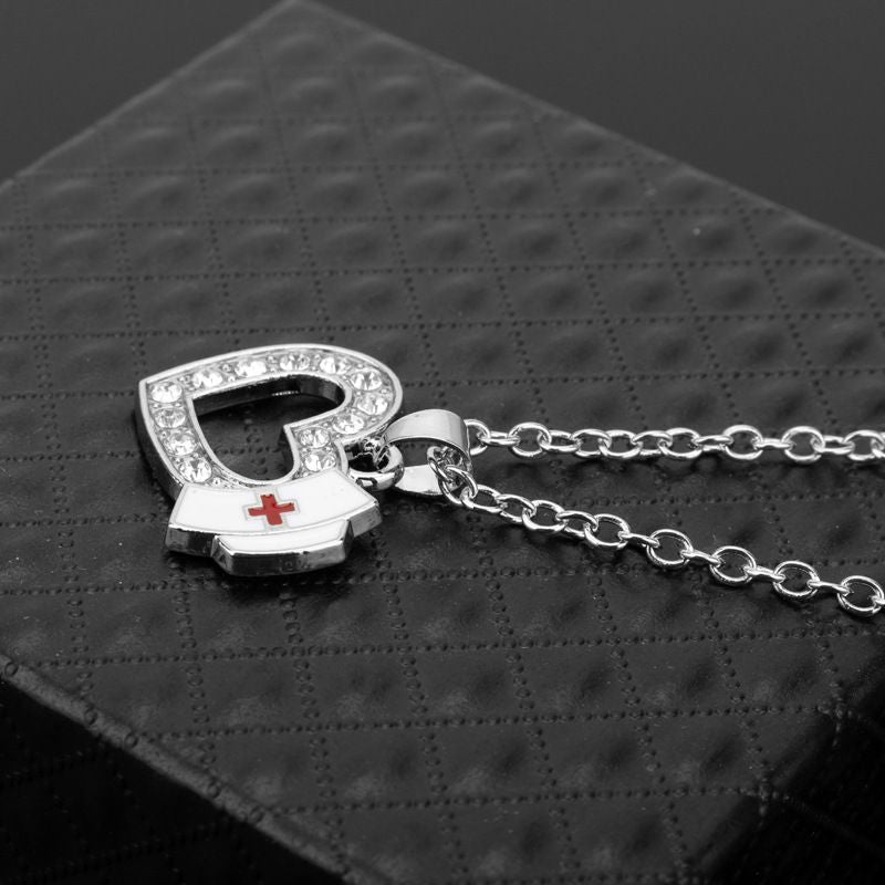 (Dedicated to our Nurses) Creative New Diamond Heart-shaped Nurse Hat Pendant Necklace