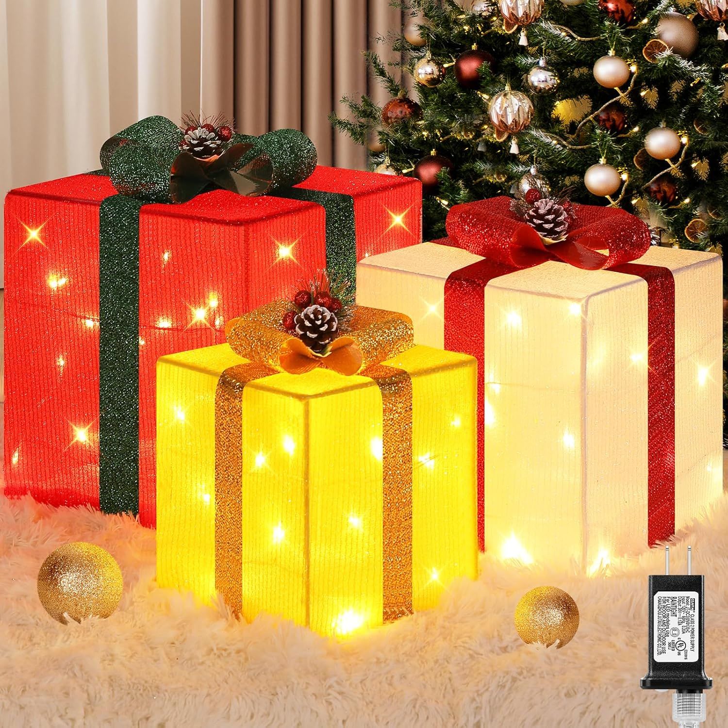 3 Pieces Large Gift Boxes for Christmas Decorations Outdoor, 10" 8" 6" with Pre-lit 70 LED Mini String Lights, Plug-in Warm White Present Boxes with Glitter for Christmas Wedding Party