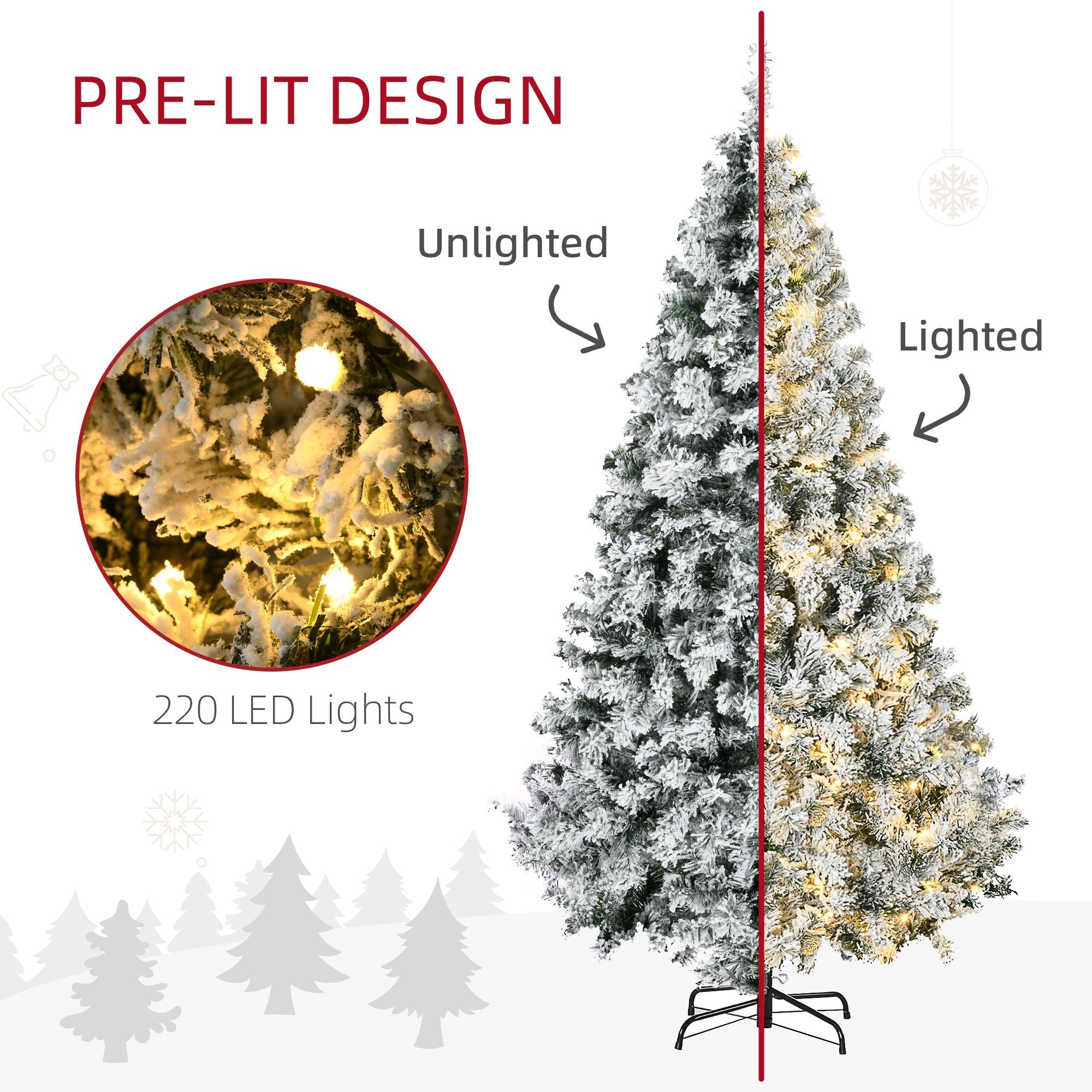 HOMCOM 6' Prelit Artificial Flocked Christmas Trees, with Snow Frosted Branches, Warm White LED Lights, Auto Open