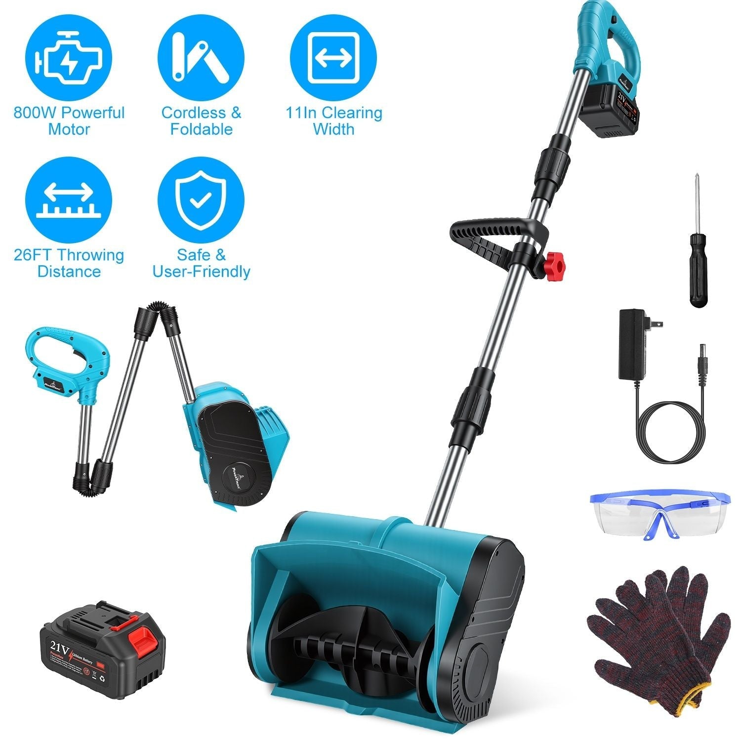 7.17lbs Lightweight Cordless Snow Shovel, 800W High Power Foldable Snow Thrower with Safety Goggles & Gloves for Winter Driveway Patio Cleaning