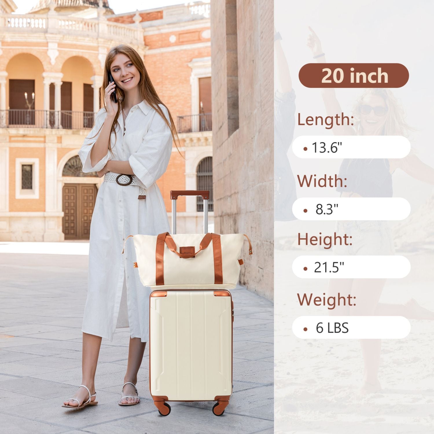 20 Inch Carry On Luggage Set 3 Piece with Spinner Wheels, Lightweight Hardshell ABS Suitcase for Weedend Getaways, Business Travel, White Brown