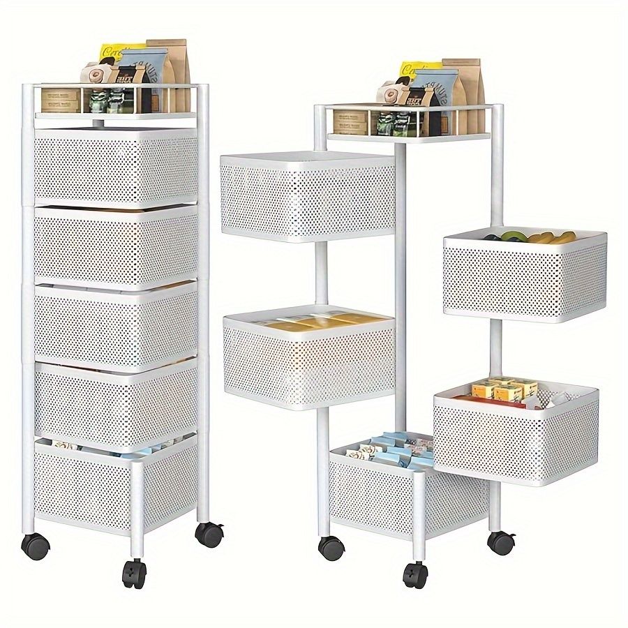 Rotating Kitchen Storage Shelf 5 Tier, Metal Fruit Vegetable Storage Basket Multi-Layer Vegetable Rack Storage Trolley on Wheels, Floor-Standing Basket for Kitchen Bathroom, Square