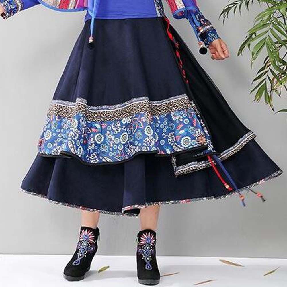 Women's Retro Midi Skirt Ethnic Style Printed A-line Blue Skirt High Waist Multi-layer Long Skirt