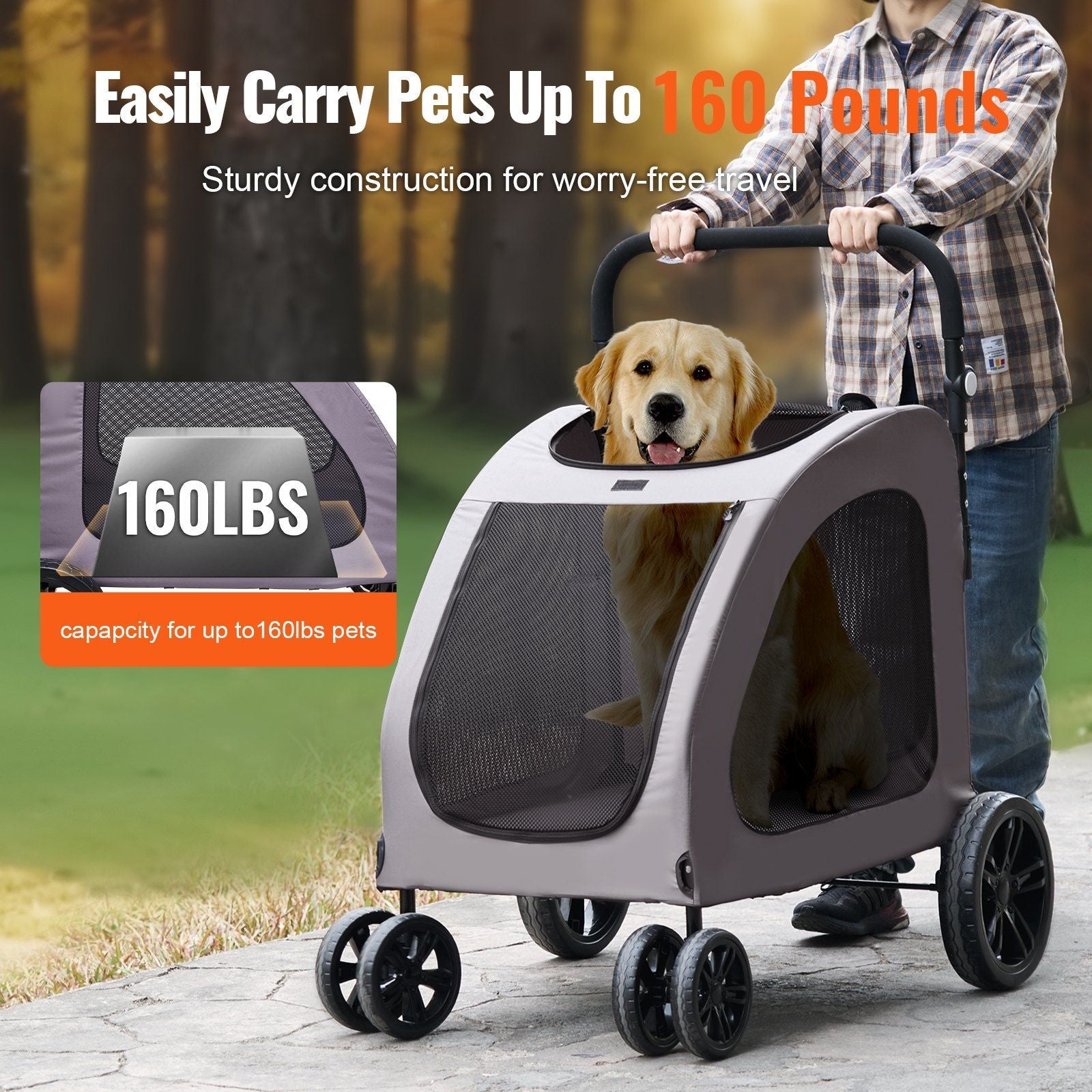 Pet Stroller - 4-Wheels Dog Stroller Carrier 160lbs Weight Capacity Portable