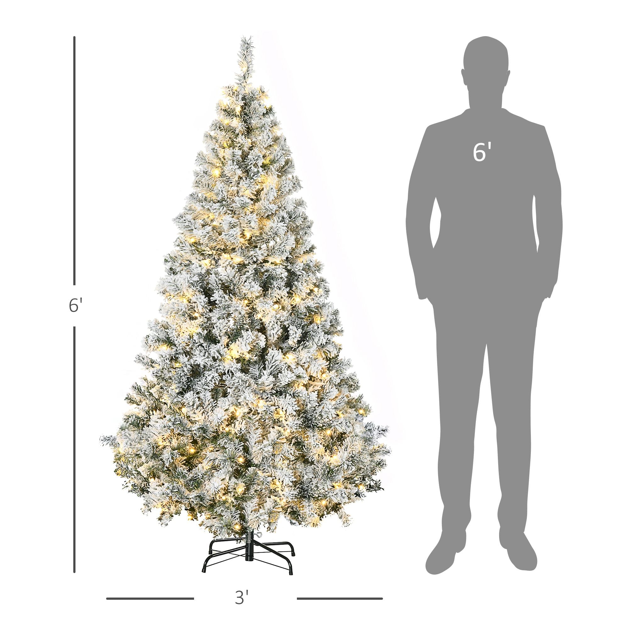 HOMCOM 6' Prelit Artificial Flocked Christmas Trees, with Snow Frosted Branches, Warm White LED Lights, Auto Open
