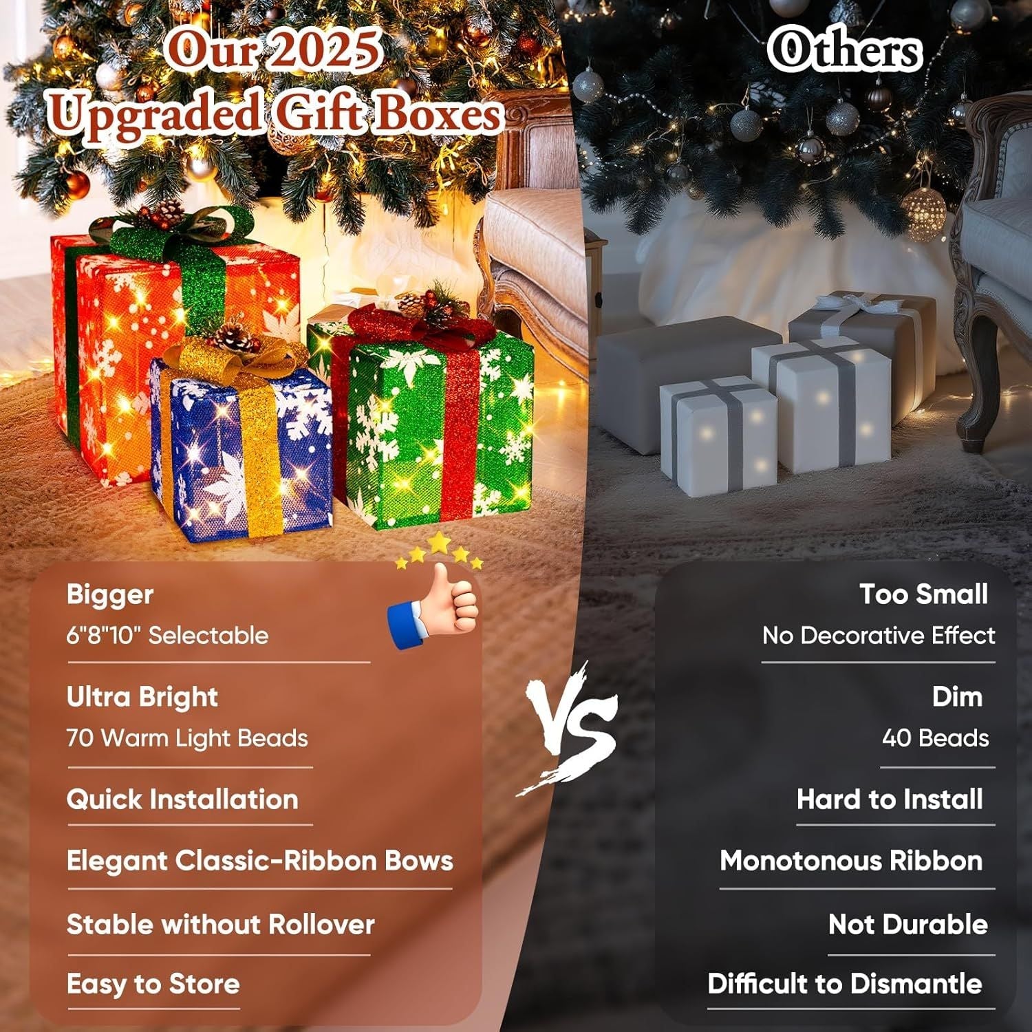 3 Pieces Large Gift Boxes for Christmas Decorations Outdoor, 10" 8" 6" with Pre-lit 70 LED Mini String Lights, Plug-in Warm White Present Boxes with Glitter for Christmas Wedding Party