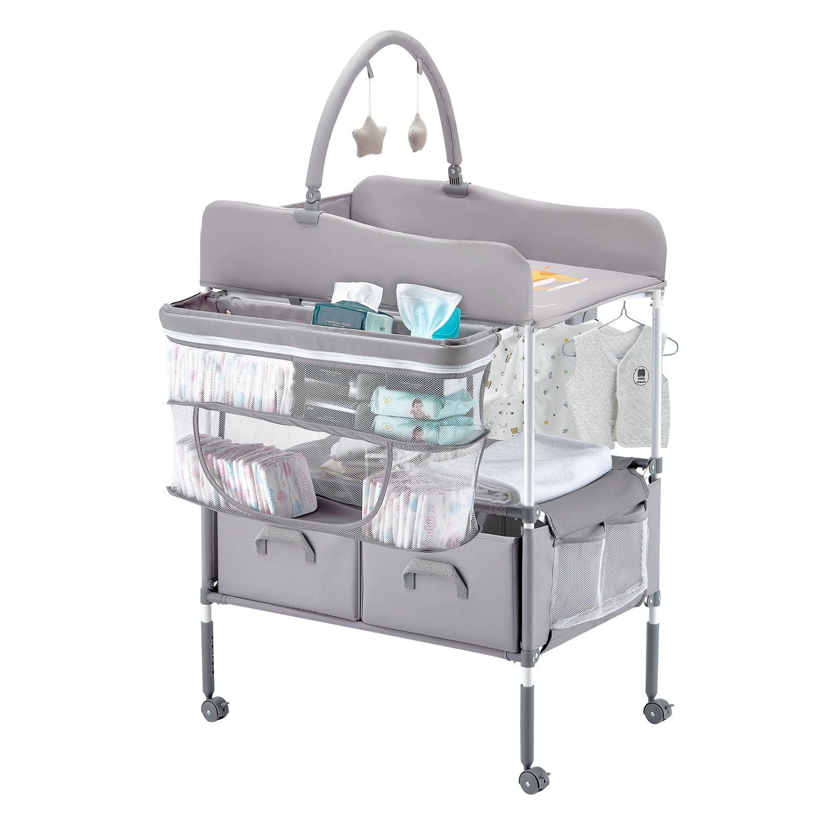 Baby Changing Table, Foldable Diaper Change Station with 2 Fabric Drawers, Side Basket & Hanging Rod, Adjustable Height Portable Changing Table with Lockable Wheels & 2 Star Toys, Light Gray