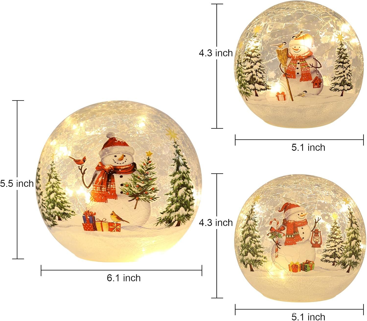 Christmas Decorations Indoor,Set of 3 Snowman Crackle Glass Ball with LED Lights Home Decor, Christmas Table Decorations Lighted Globes with Timer for Mantel Fireplace Tabletop