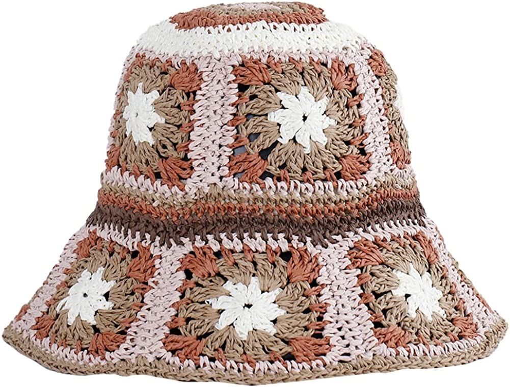 Women's Straw Sun Hat Floral Woven Bucket Hat Fishing Hat Beach Hat Hand Woven Foldable Cap