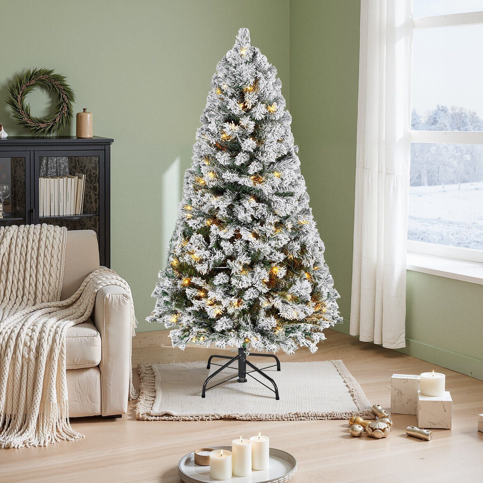 VEVOR Christmas Tree, 4ft Prelit Flocked Artificial Tree, Full Holiday Xmas Deco Trees with 120 Warm White LED Lights, 8 Lighting Modes & 539 Branch Tips for Home Party Office Decoration