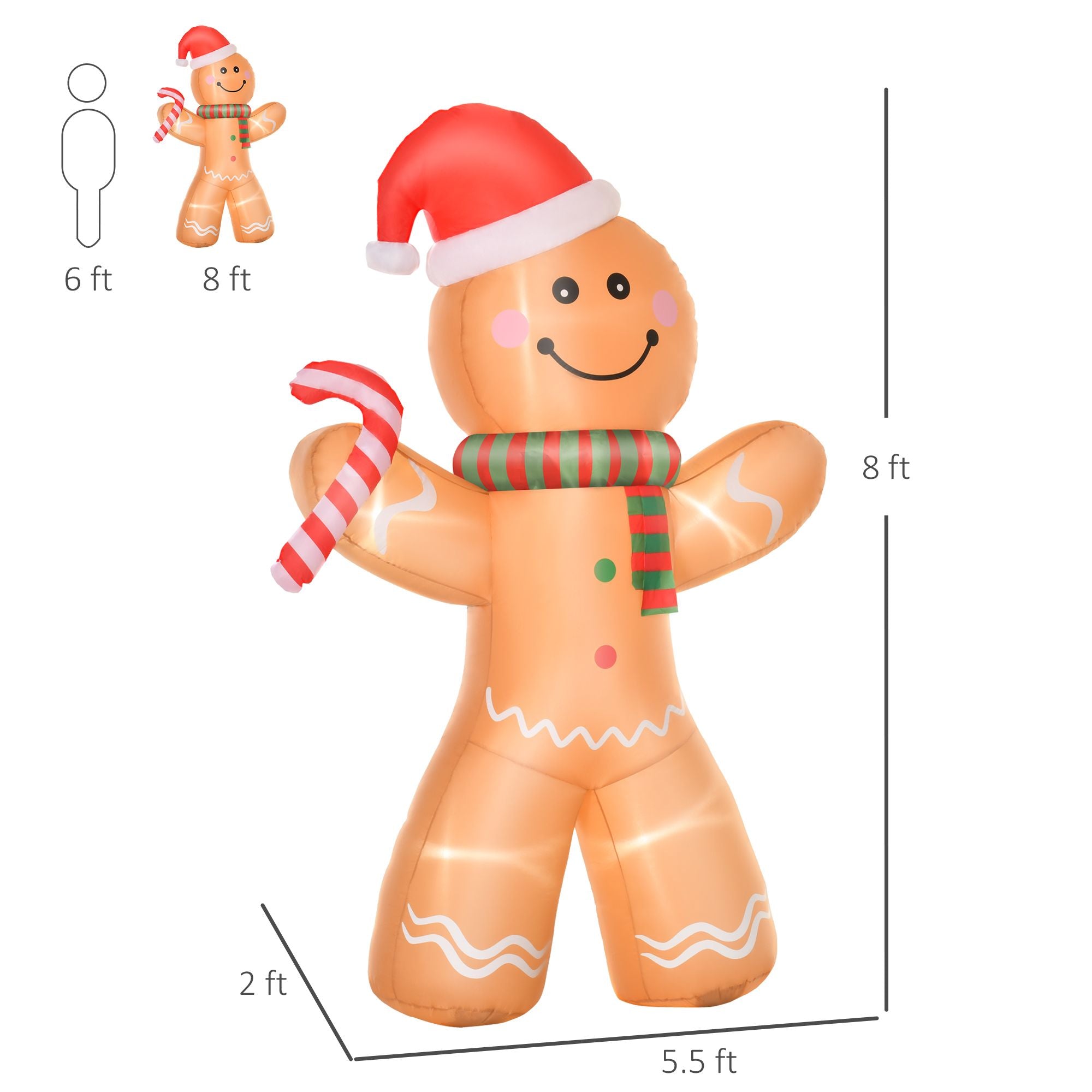 HOMCOM 8ft Christmas Inflatable Gingerbread Man with a Candy Cane, Outdoor Blow-Up Yard Decoration with LED Lights Display