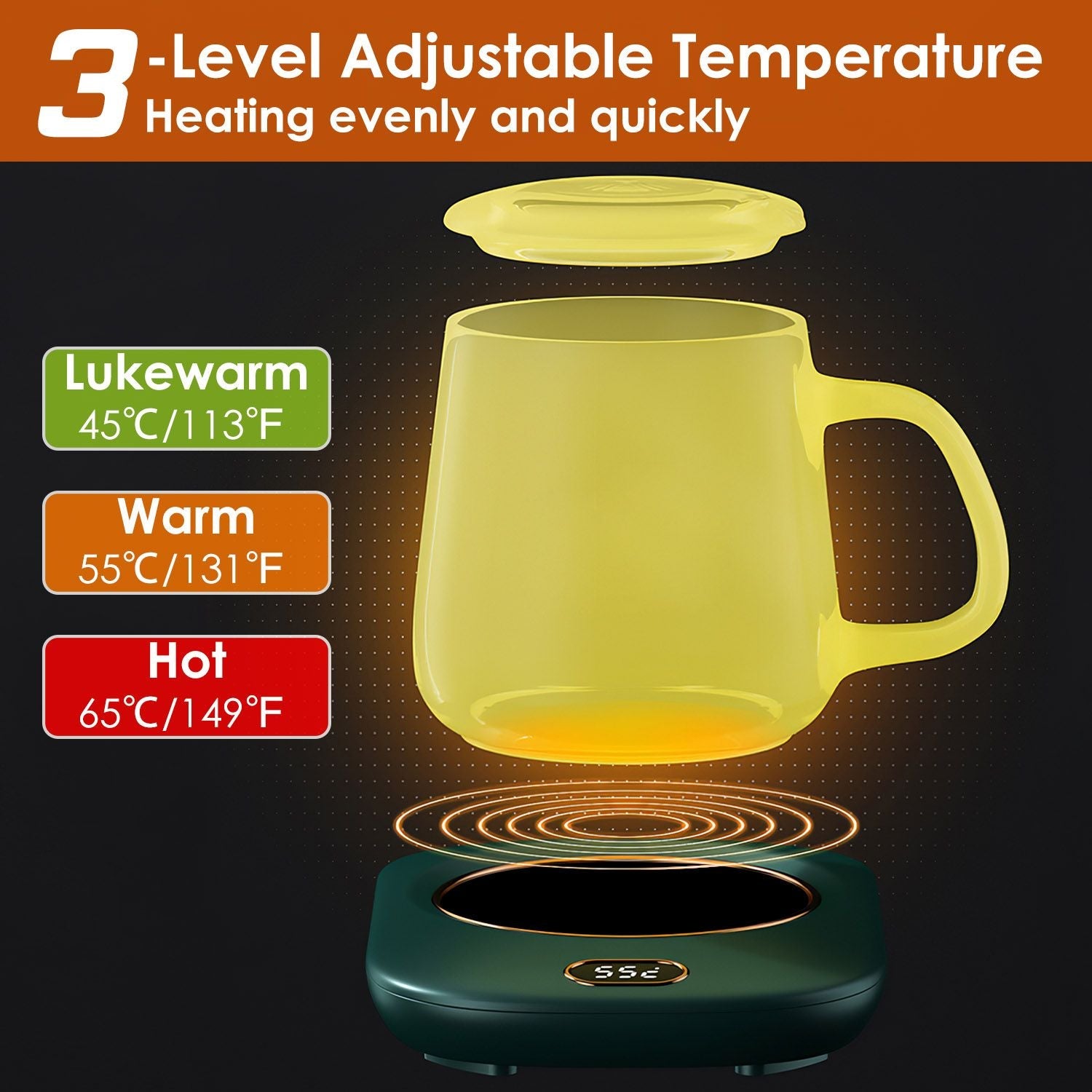 Smart Electric Coffee Mug Warmer with Auto Shut Off - USB Connection, 3 Temperature Settings for Coffee, Tea, & Milk