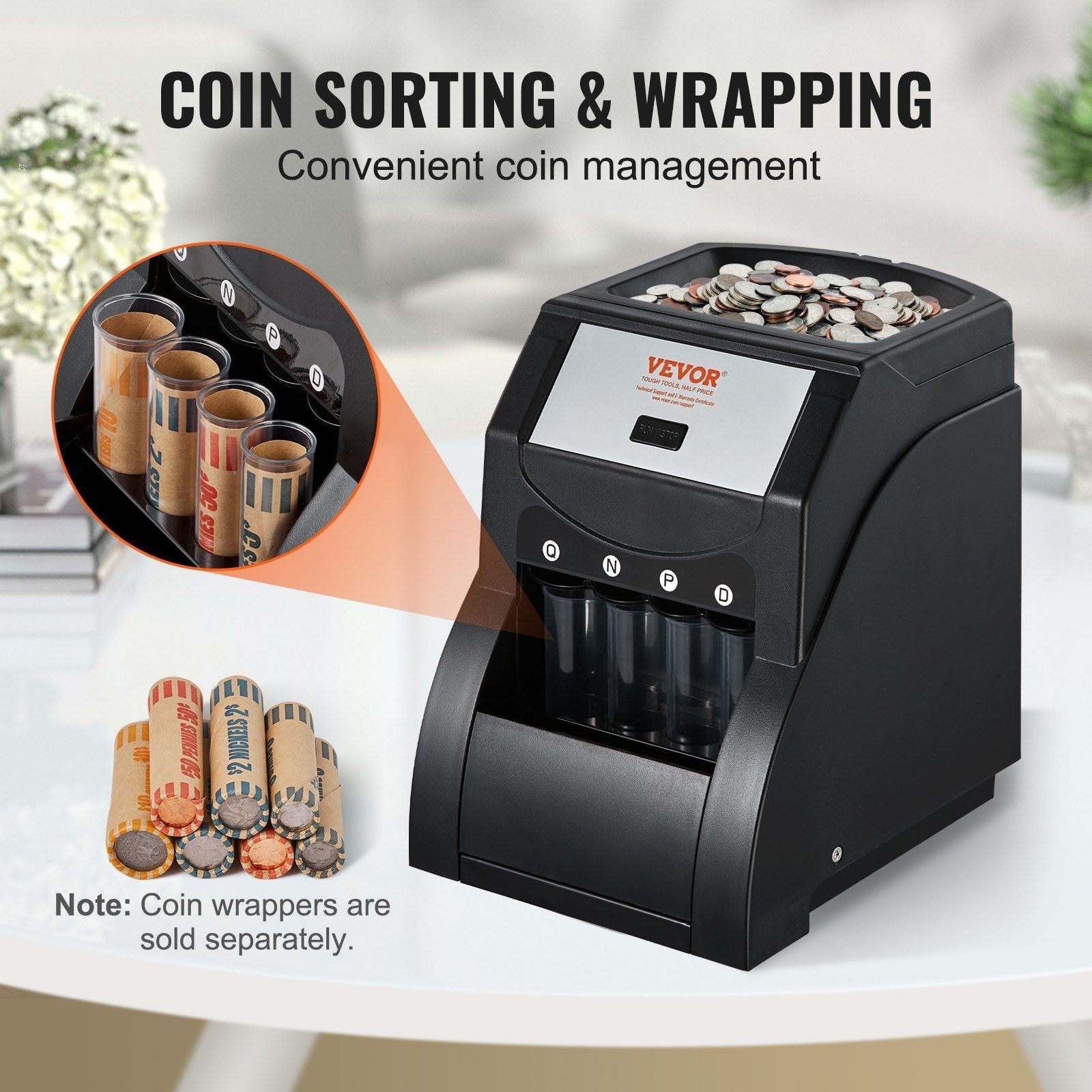 USD Coin Sorter, Coin Sorter Machine for USD Coin 1¢ 5¢ 10¢ 25¢, Sorts up to 230 Coins/min, Coin Sorter and Wrapper Machine Holds 200 Coins Included 4 Coin Tubes, Black