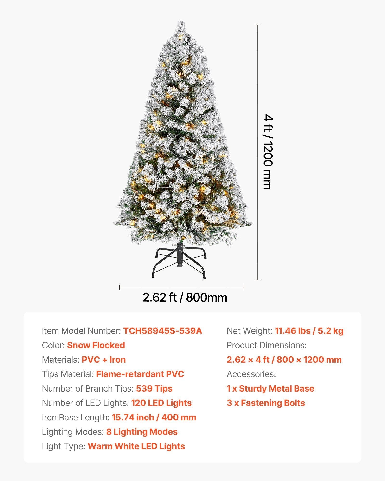 VEVOR Christmas Tree, 4ft Prelit Flocked Artificial Tree, Full Holiday Xmas Deco Trees with 120 Warm White LED Lights, 8 Lighting Modes & 539 Branch Tips for Home Party Office Decoration