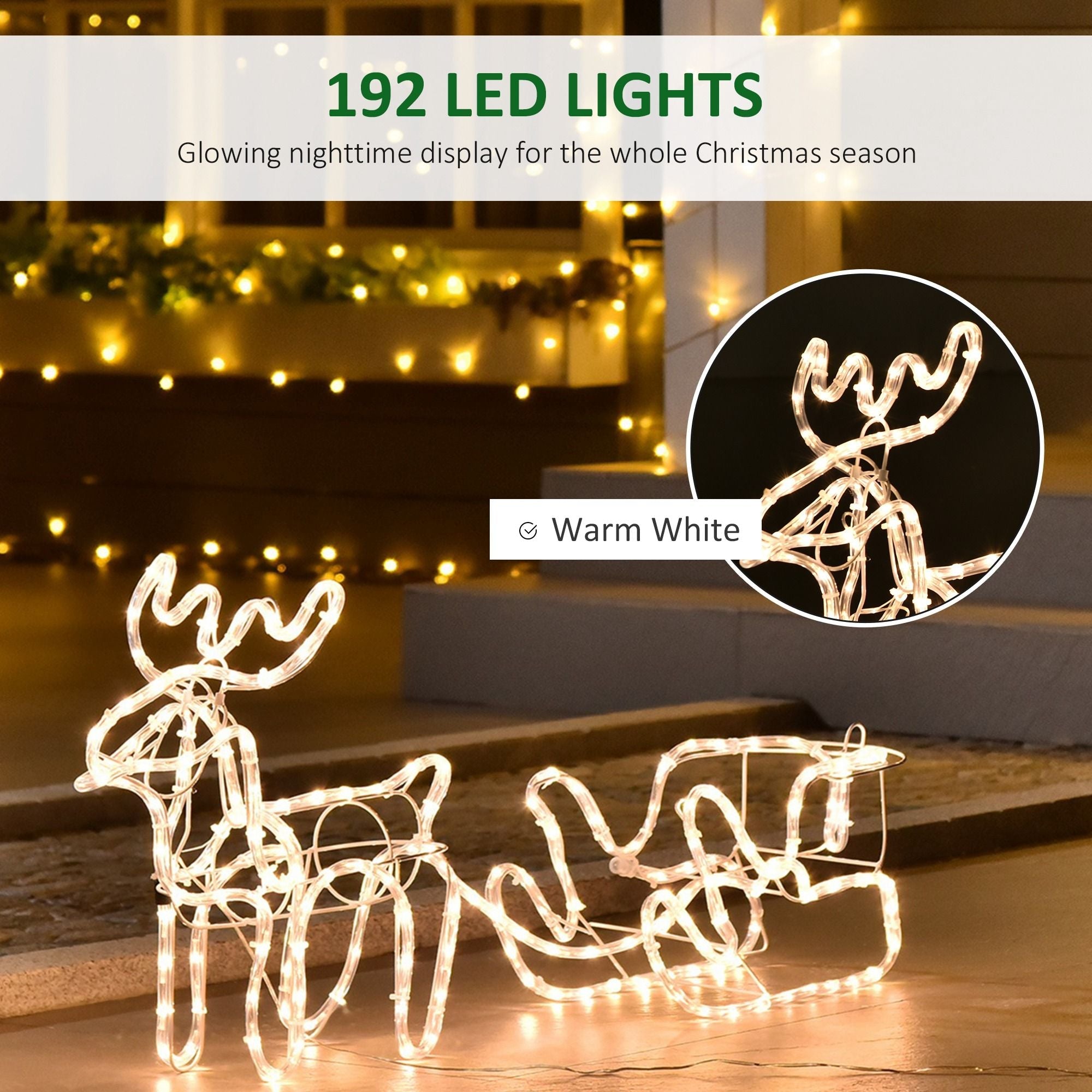 Outsunny LED Christmas Reindeer and Sleigh Decoration 35 Warm White Lights Steel Frame for Yard Indoor Outdoor