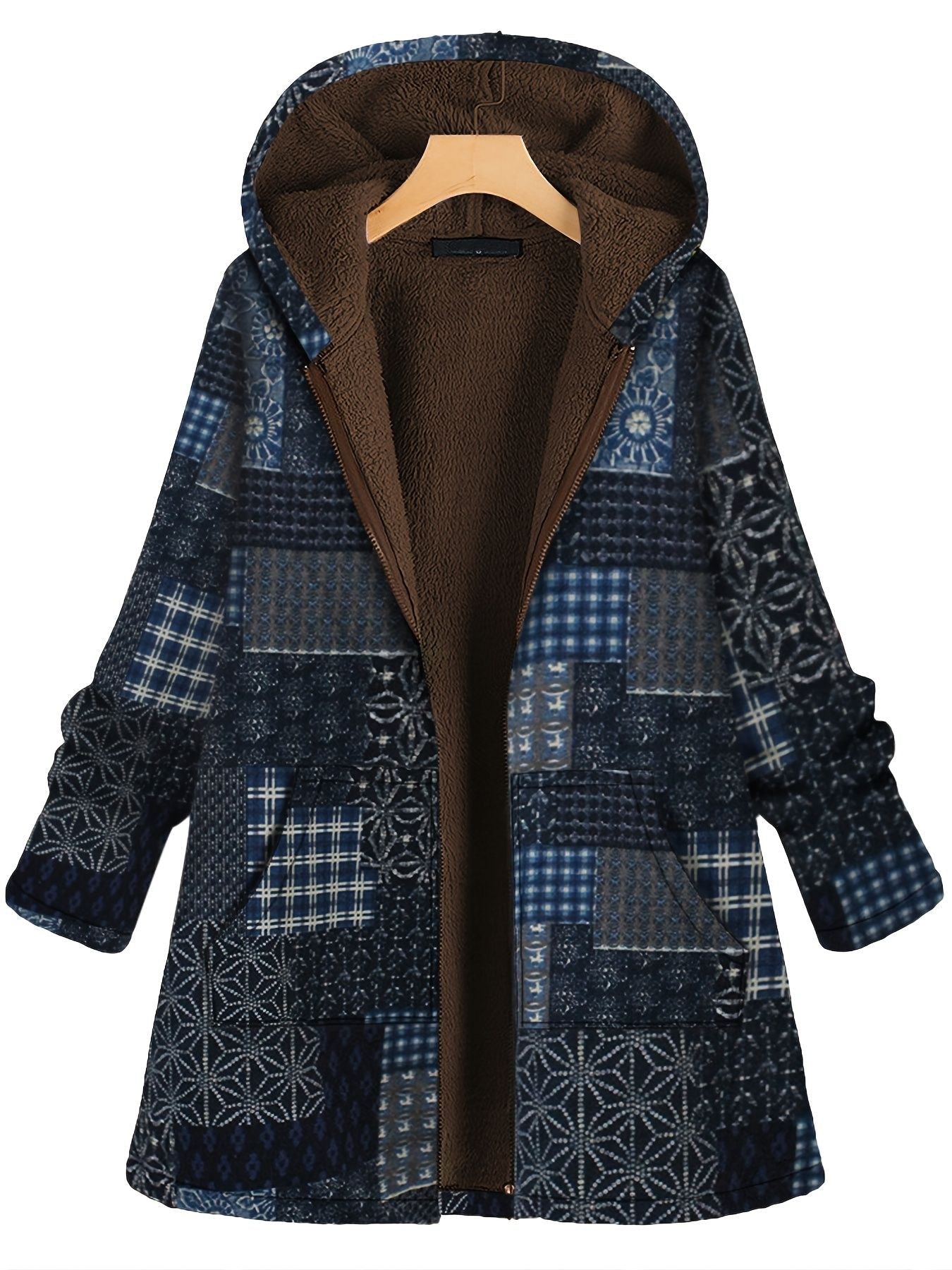 Plus Size Patchwork Print Hoodie Fleece Liner Thermal Coat; Women's Plus Long Sleeve Casual Coat