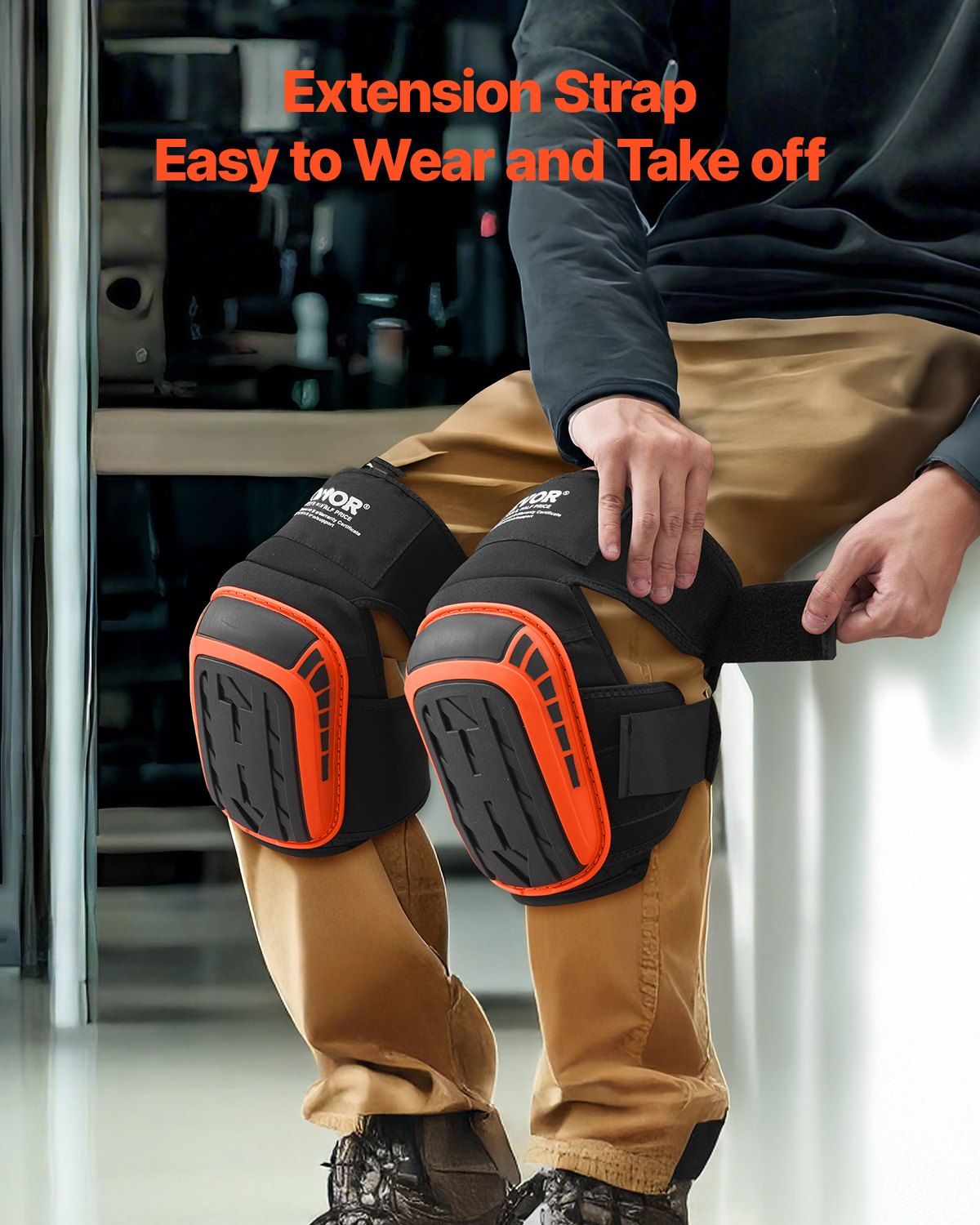 VEVOR Knee Pads for Work, Extended Heavy Duty Construction Knee Pads with 2 Extension Straps, Anti-Slip Foam Gel Knee Pads, Men & Women, for Gardening Flooring Roofing and Cleaning, Black and Orange