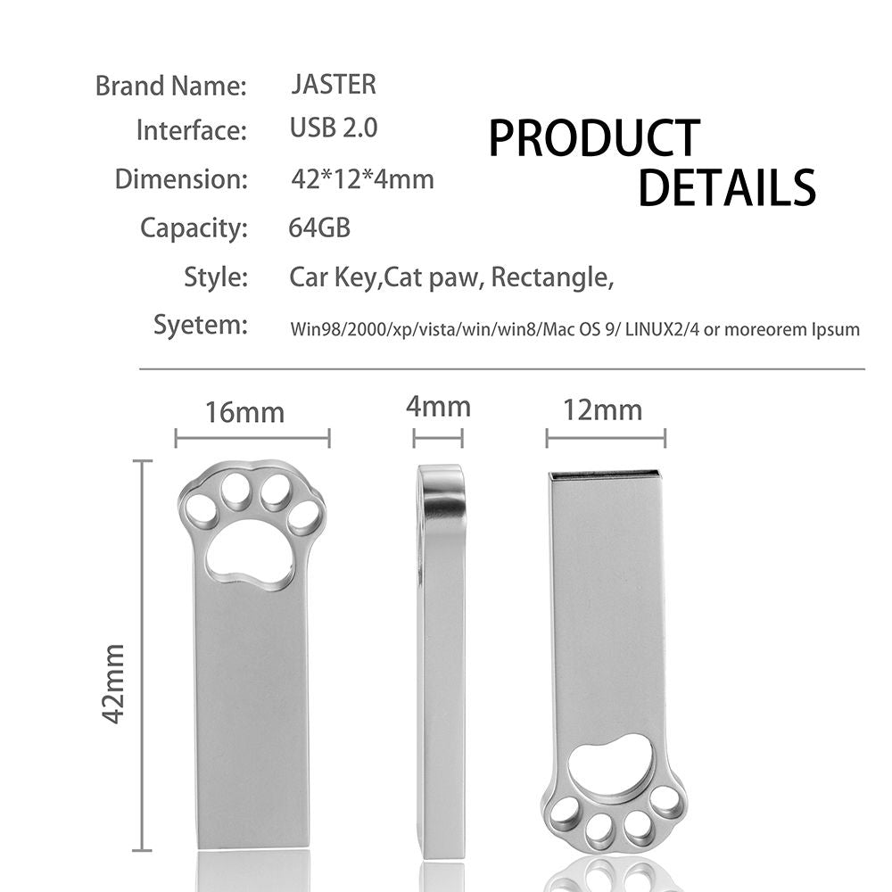 Lovely Bear Paw USB 2.0 Flash Drives 64GB Silver Memory Stick Creative Gift Metal Waterproof Pen Drive Black Pendrive