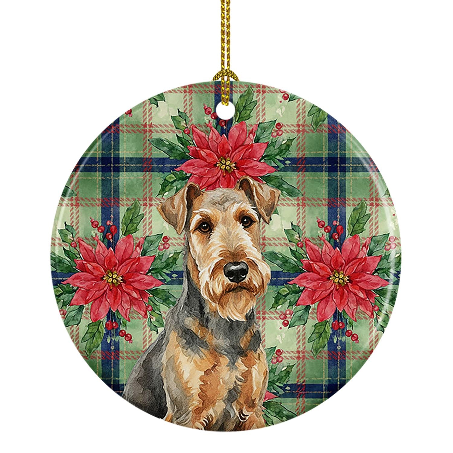 Grizzle Airedale Terrier Christmas PoinsettIas Ceramic Ornament Christmas Tree Hanging Decorations for Home Christmas Holiday, Party, Gift, 3 in, Multicolor