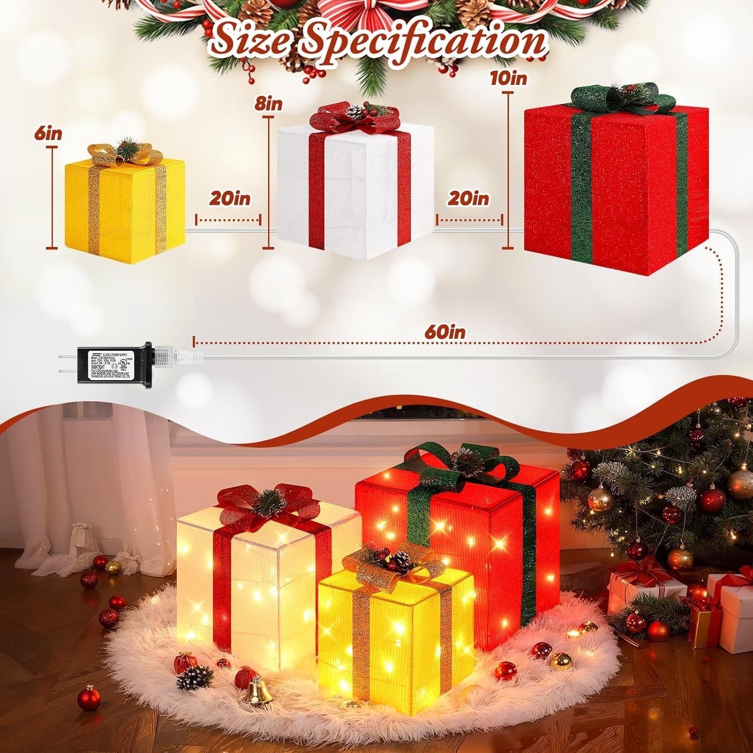 3 Pieces Large Gift Boxes for Christmas Decorations Outdoor, 10" 8" 6" with Pre-lit 70 LED Mini String Lights, Plug-in Warm White Present Boxes with Glitter for Christmas Wedding Party