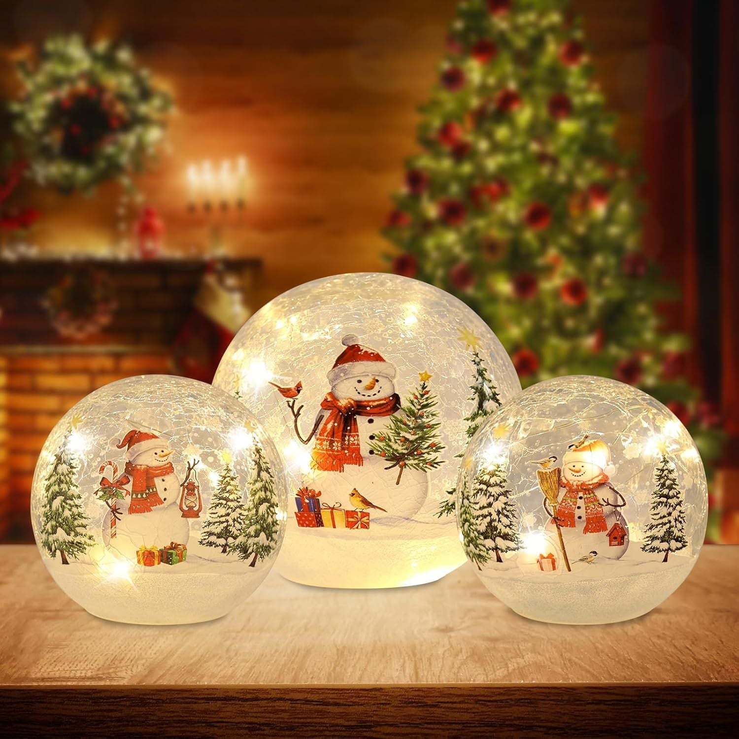 Christmas Decorations Indoor,Set of 3 Snowman Crackle Glass Ball with LED Lights Home Decor, Christmas Table Decorations Lighted Globes with Timer for Mantel Fireplace Tabletop