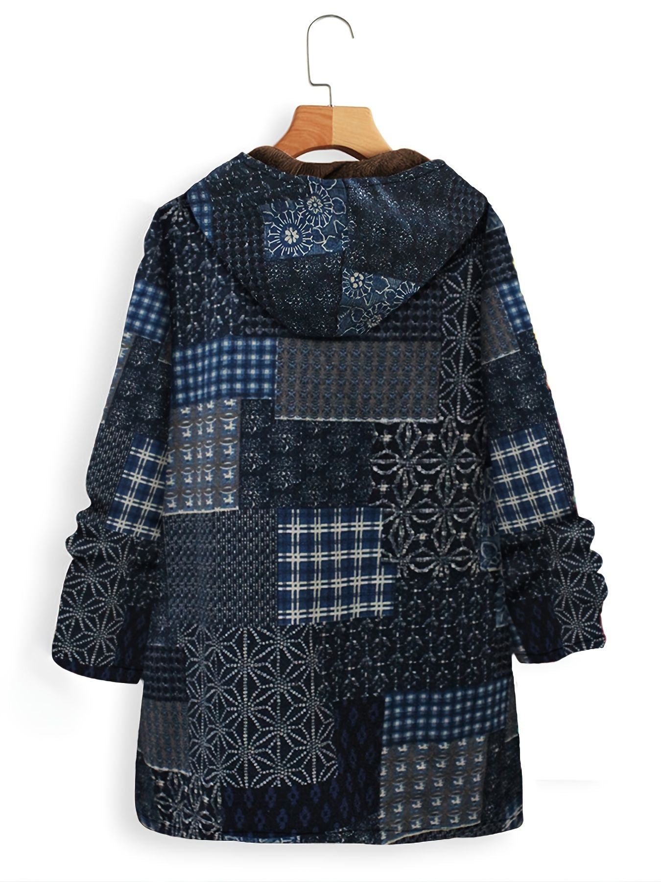 Plus Size Patchwork Print Hoodie Fleece Liner Thermal Coat; Women's Plus Long Sleeve Casual Coat