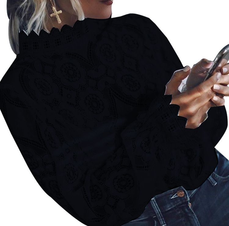 Women's Spring Sexy Perspective Long Sleeve Stand Collar Lace Shirt Top Women's Wear