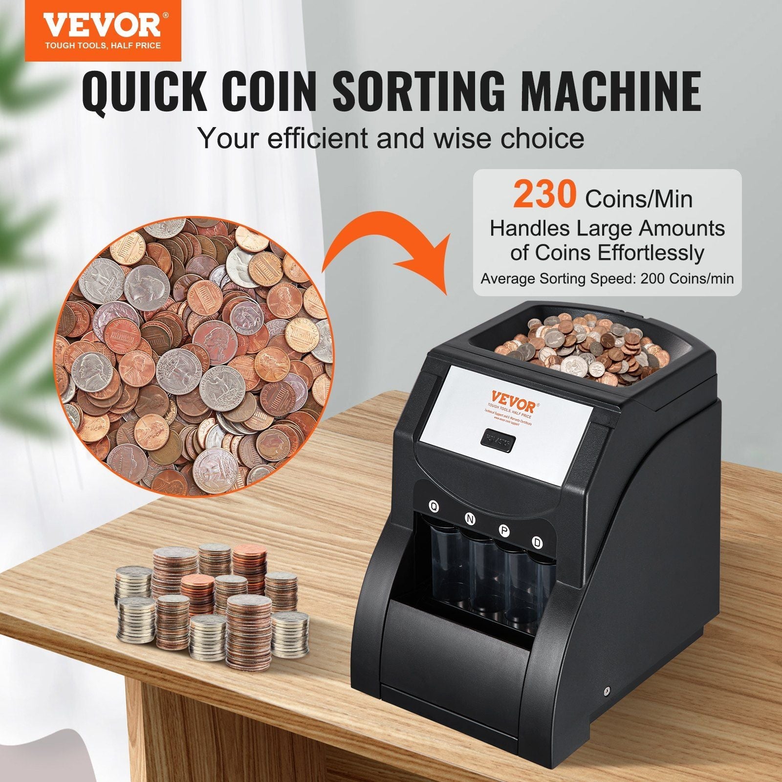 USD Coin Sorter, Coin Sorter Machine for USD Coin 1¢ 5¢ 10¢ 25¢, Sorts up to 230 Coins/min, Coin Sorter and Wrapper Machine Holds 200 Coins Included 4 Coin Tubes, Black