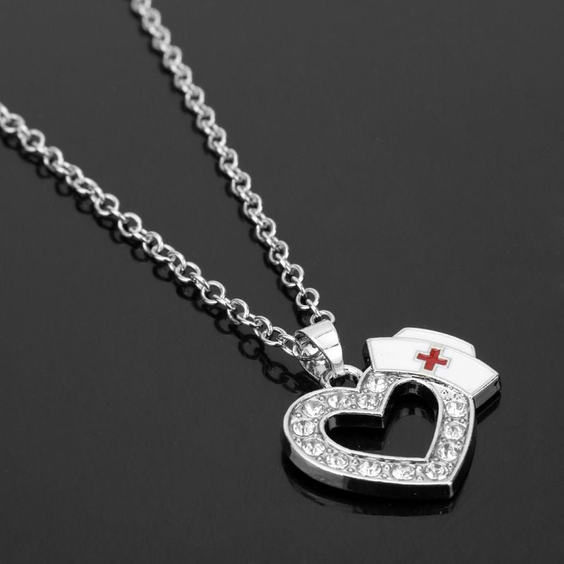 (Dedicated to our Nurses) Creative New Diamond Heart-shaped Nurse Hat Pendant Necklace