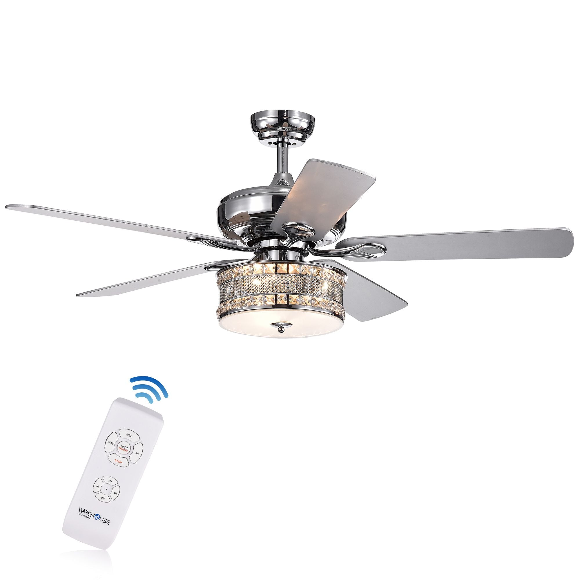 Davrin 5-Blade 52-Inch Chrome Ceiling Fan with 3-Light Crystal Drum Lamp