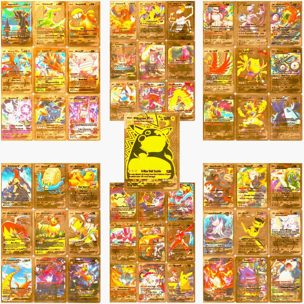 55 PCS Gold Cards Packs Vmax DX GX Rare Pokemon Cards TCG Booster Box Gold Foil
