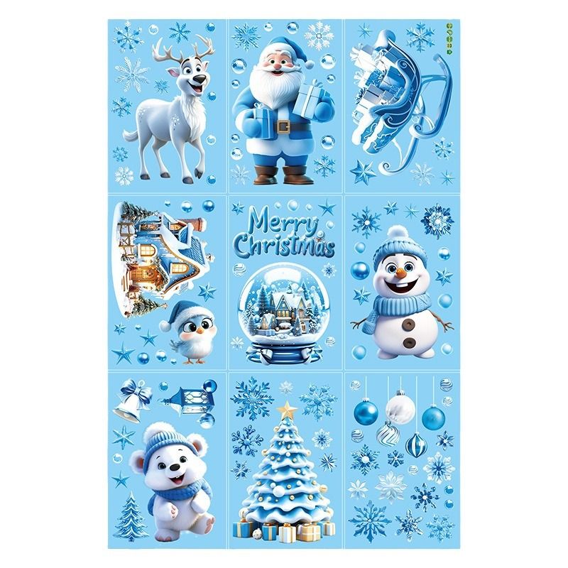 9 Sheets Christmas Window Clings Blue Theme Santa Claus Reindeer Snowman Snowflake Pattern Window Decal Reusable Double Sided Static Stickers for Holiday Winter Xmas Party Decoration