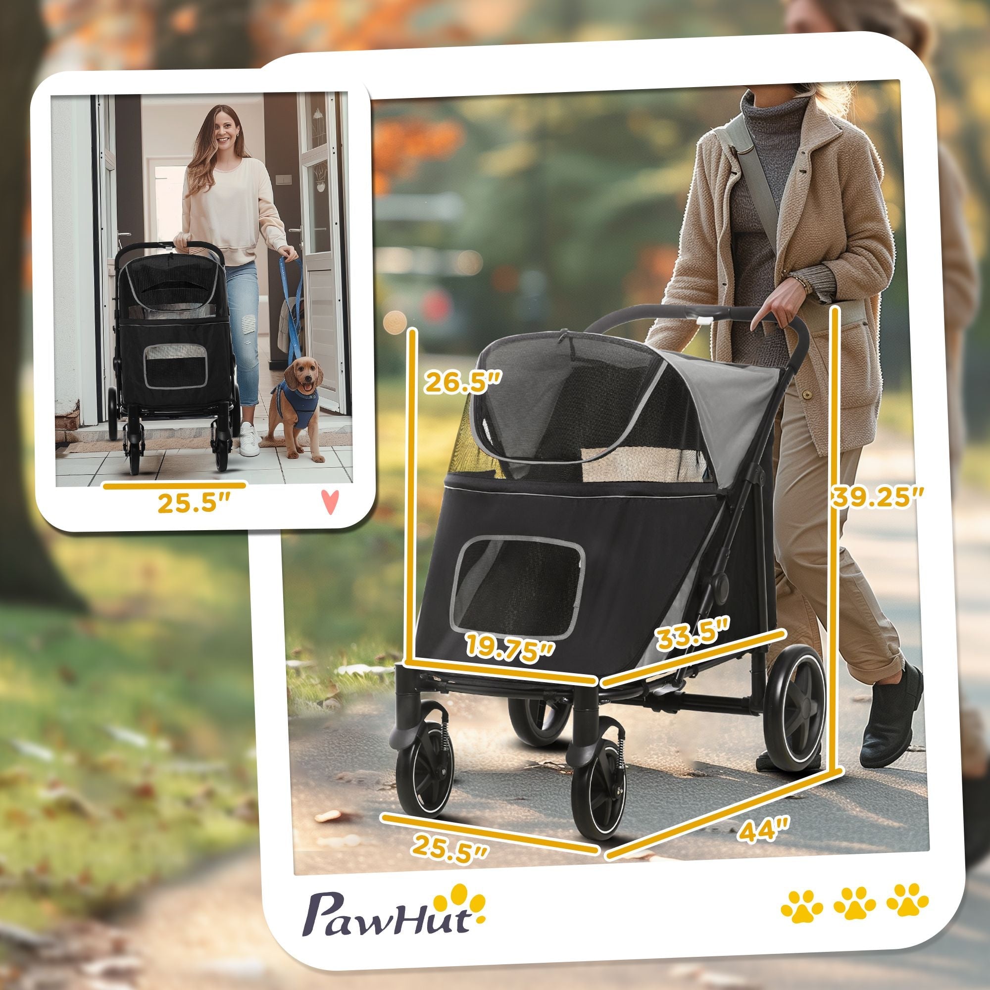 Pet Stroller Dog Cat Carriage One Click Fold with Universal Front Wheels Shock Absorber Brakes Storage Bags Mesh Window