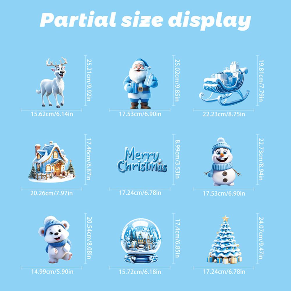 9 Sheets Christmas Window Clings Blue Theme Santa Claus Reindeer Snowman Snowflake Pattern Window Decal Reusable Double Sided Static Stickers for Holiday Winter Xmas Party Decoration