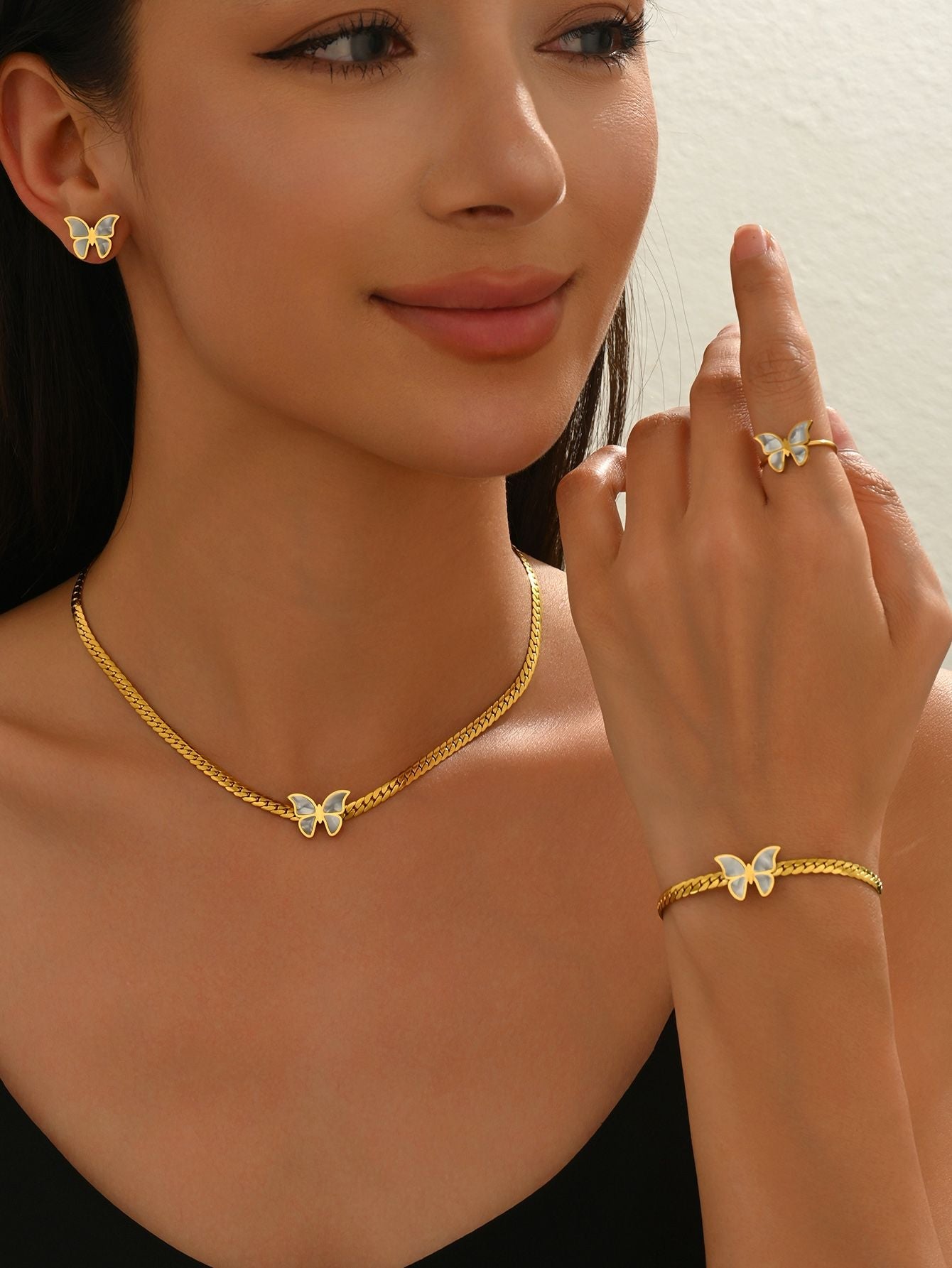 Lxalry 18K Gold Plated Stainless Steel Butterfly Jewelry Set for Women – Hypoallergenic Necklace, Earrings & Adjustable Ring, Waterproof & Tarnish-Free, Elegant Gift for Birthday, Girlfriend, Summer