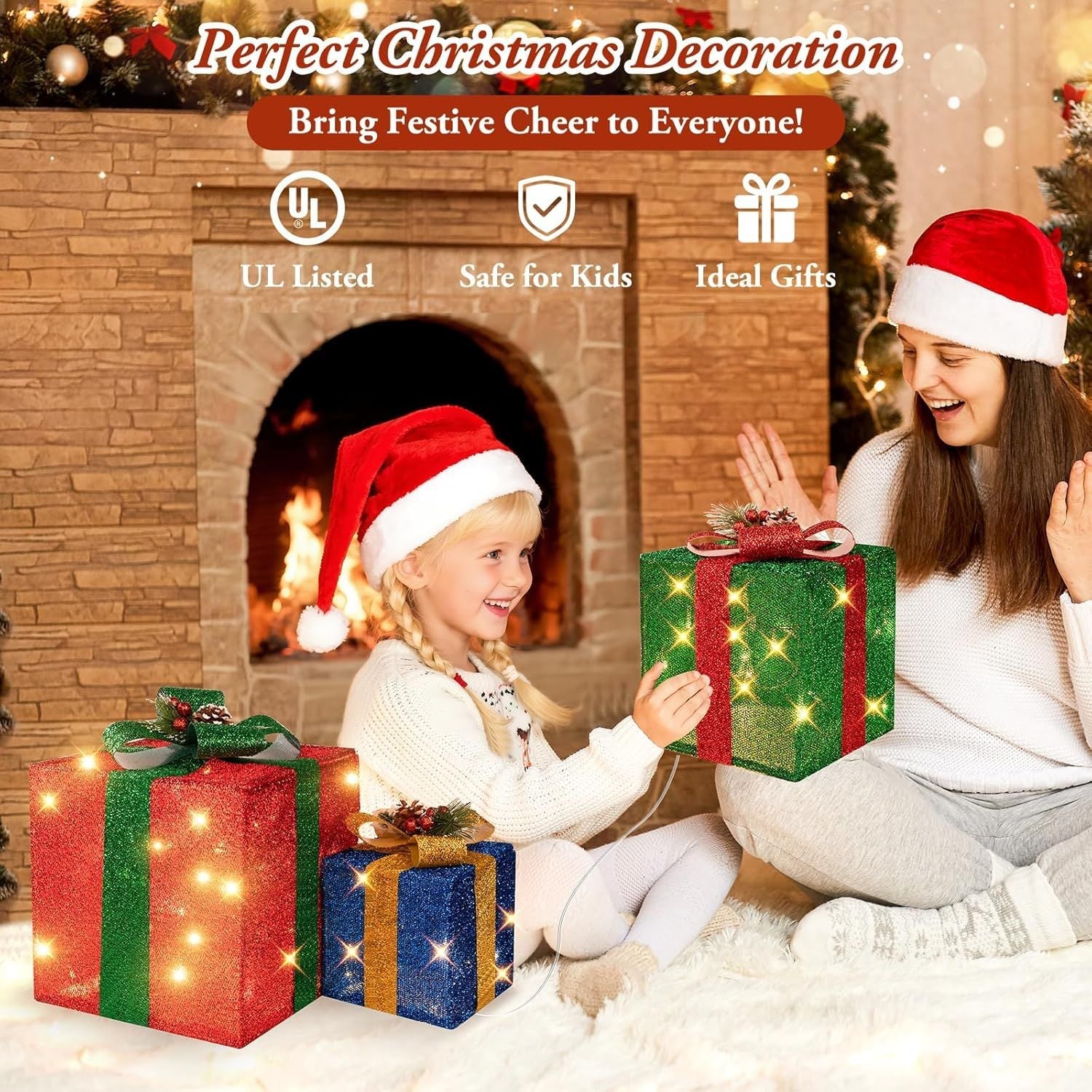 3 Pieces Large Gift Boxes for Christmas Decorations Outdoor, 10" 8" 6" with Pre-lit 70 LED Mini String Lights, Plug-in Warm White Present Boxes with Glitter for Christmas Wedding Party