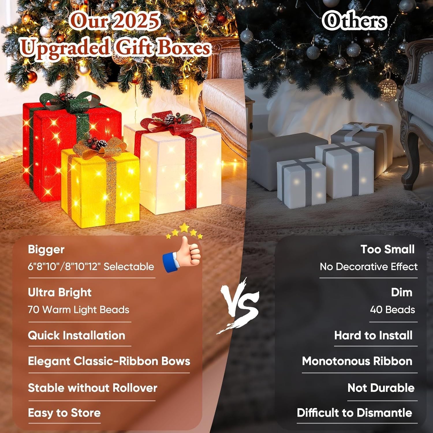 3 Pieces Large Gift Boxes for Christmas Decorations Outdoor, 10" 8" 6" with Pre-lit 70 LED Mini String Lights, Plug-in Warm White Present Boxes with Glitter for Christmas Wedding Party