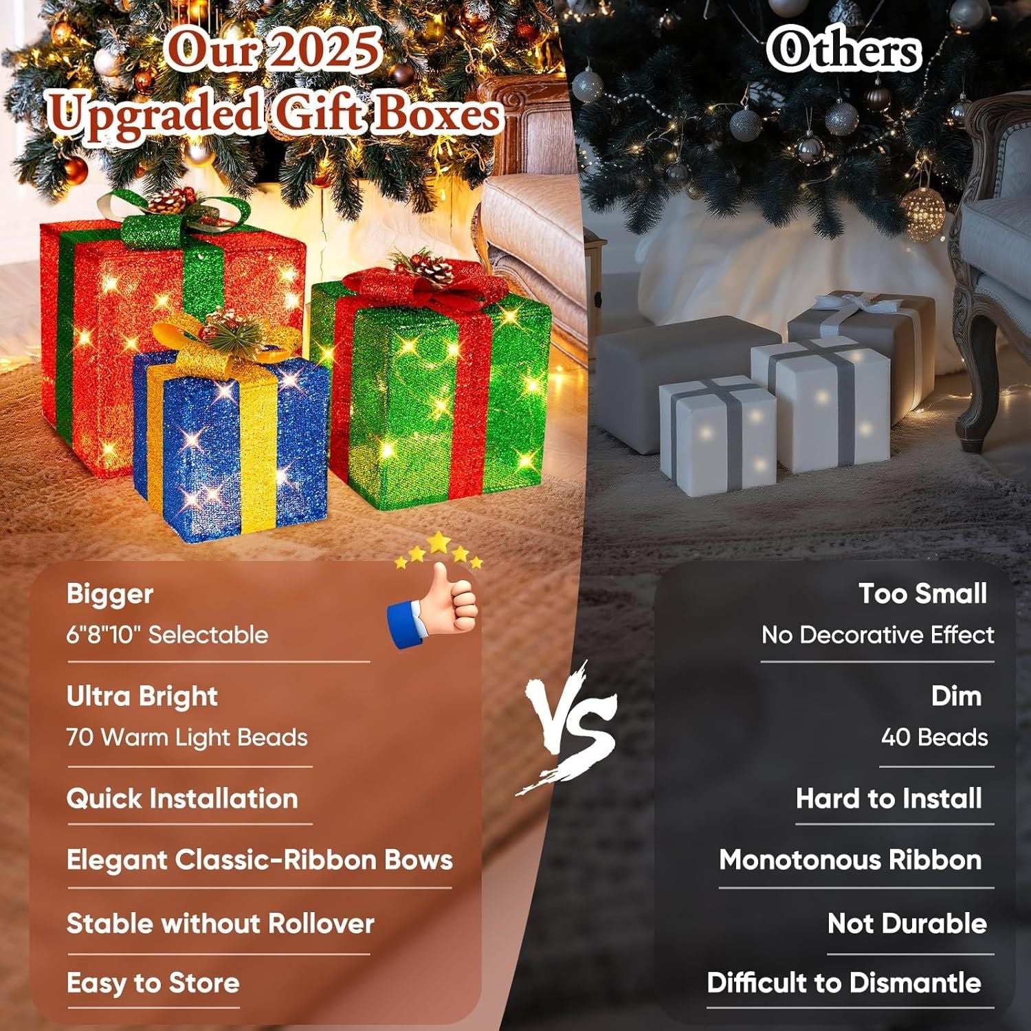 3 Pieces Large Gift Boxes for Christmas Decorations Outdoor, 10" 8" 6" with Pre-lit 70 LED Mini String Lights, Plug-in Warm White Present Boxes with Glitter for Christmas Wedding Party