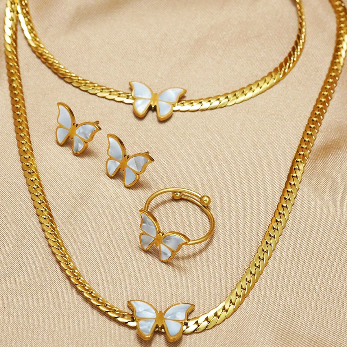 Lxalry 18K Gold Plated Stainless Steel Butterfly Jewelry Set for Women – Hypoallergenic Necklace, Earrings & Adjustable Ring, Waterproof & Tarnish-Free, Elegant Gift for Birthday, Girlfriend, Summer