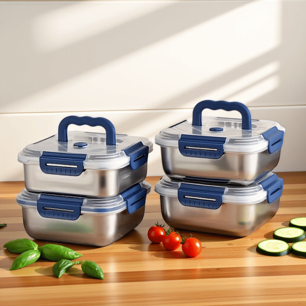 Yakimoto 2/4/6/8/10 PCS Extra-Large Stainless Steel Food Storage Containers With Blue Lids - Deep Design, Airtight Seal, Perfect For Refrigerator Organization, Meal Prep, Lunch Boxes & Kitchen Pantry