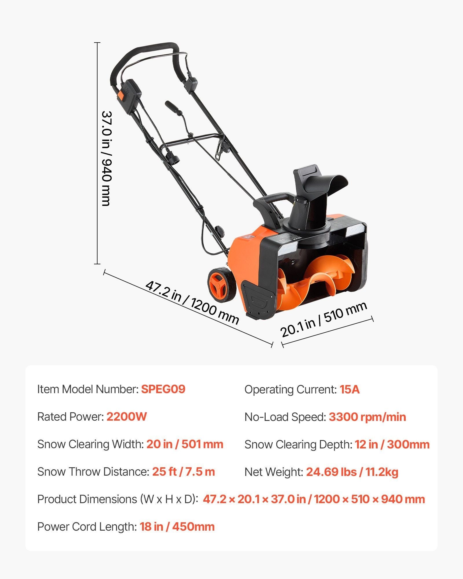 Electric Snow Blower, 20 inch 15A Corded Snow Thrower with Dual LED Headlights & 180° Rotating Chute, 25FT Throwing Distance, 12" Depth Clearing, Walk-Behind Snowblower for Driveway Sidewalk