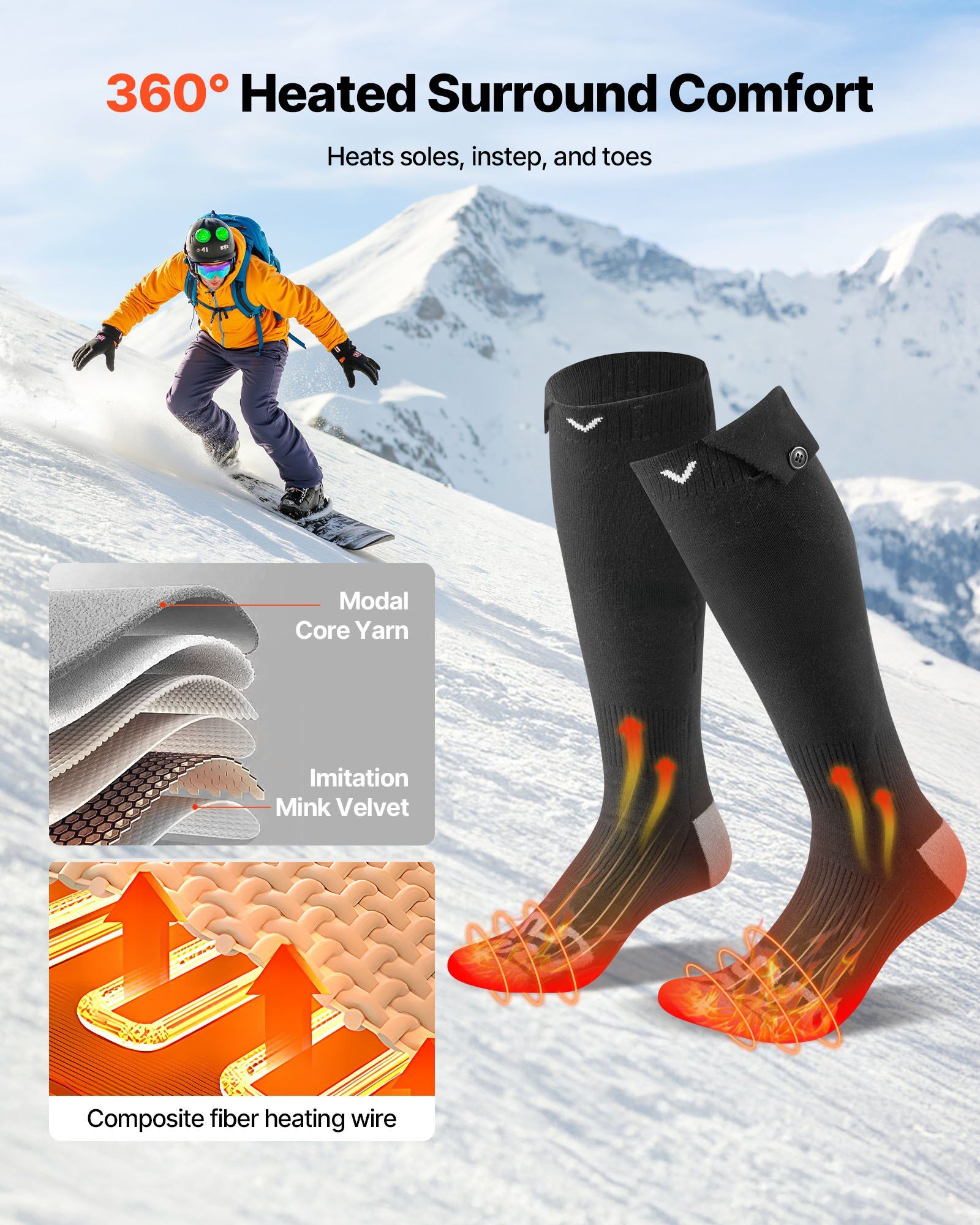 Heated Socks, 5000mAh Battery Powered, Rechargeable Heating Socks with 4 Heating Levels, Electric Heated Sock for Men Women, Foot Warmer for Hunting Riding Camping Hiking Skiing, Outdoor Work