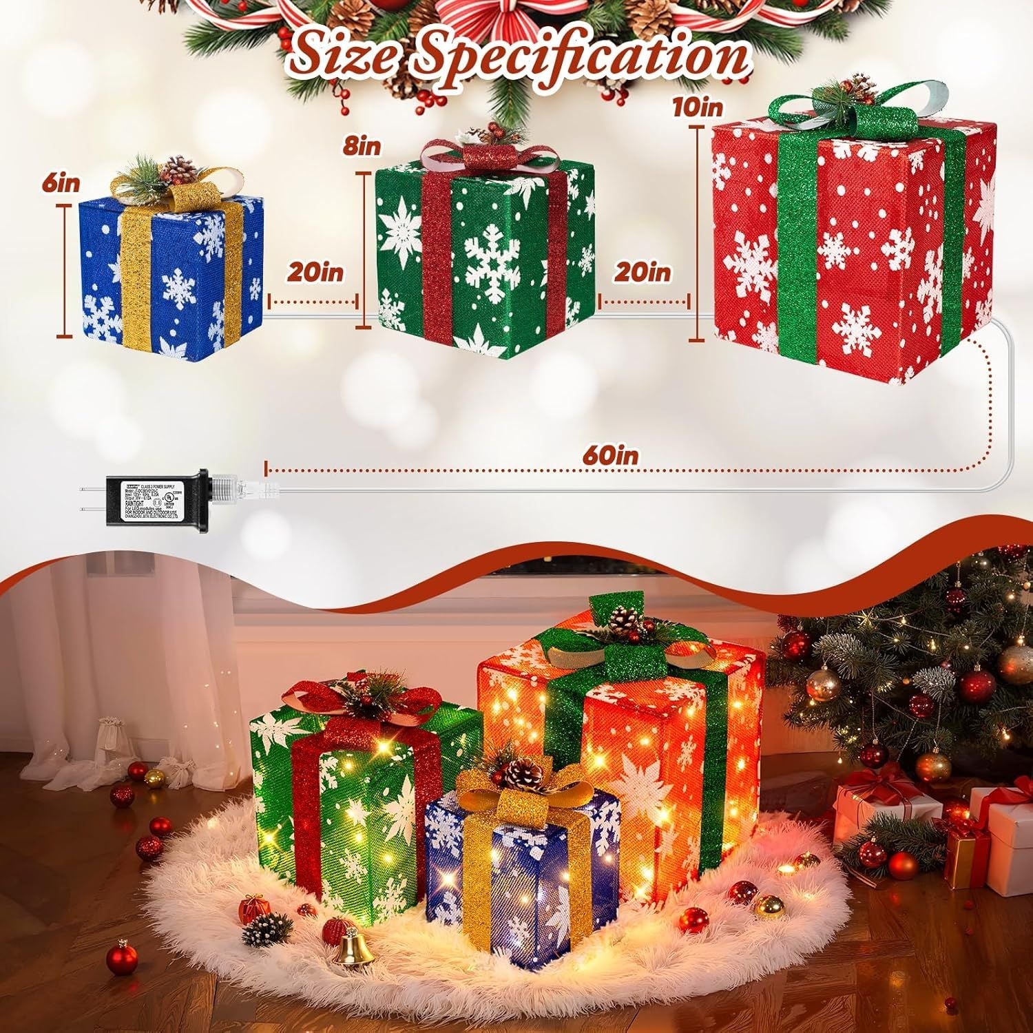 3 Pieces Large Gift Boxes for Christmas Decorations Outdoor, 10" 8" 6" with Pre-lit 70 LED Mini String Lights, Plug-in Warm White Present Boxes with Glitter for Christmas Wedding Party
